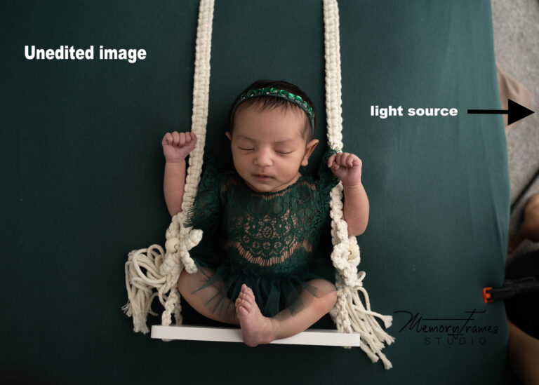 newborn photoshoot at home, baby posed on a swing for newborn photoshoot