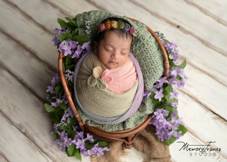 floral setup for newborn baby in kitchener newborn photographer, newborn rainbow baby phtoshoot